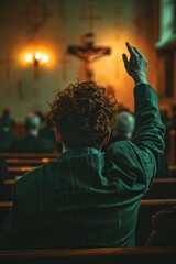 Wall Mural - A man was sitting in a church pew, raising his arms and praying to God