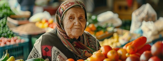 elderly woman on the background of vegetables in the bazaar. Selective focus