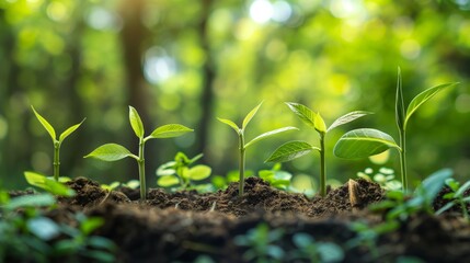 Young green saplings growing in sunlight in a forest.