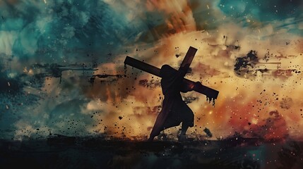 Wall Mural - watercolor abstract illustration of Jesus Christ carrying the crucifixion cross on Calvary hill