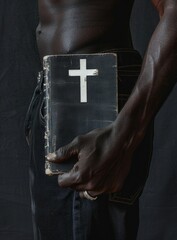 Wall Mural - A close-up of an African American holding a Bible in his hand, his shoulders visible in front and on both sides. The cross above is white