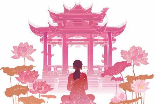 Experience a serene and introspective moment of prayer or meditation in a sacred space during a religious festival, depicted in this illustration on a clear white background.