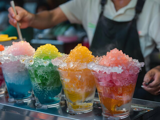 A vendor selling ice-cold kakigori shaved ice with colorful syrups