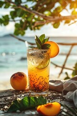 Wall Mural - cool cocktail with leaves on the table. Selective focus