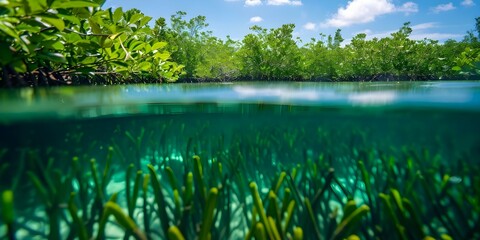 Wall Mural - Underwater photo of flooded mangrove forest showcasing unique underwater ecology. Concept Mangrove Forest, Underwater Photography, Ecology, Flooded Environment, Unique Ecosystem