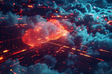 Leinwandbilder - An abstract visualization of cloud computing, featuring a glowing cloud and digital elements representing data processing and AI operations in the cloud. Generative AI