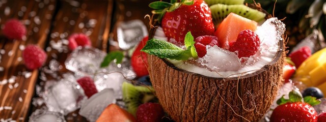 Wall Mural - fruits, berries, coconut and ice. Selective focus