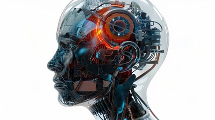 Leinwandbilder - A 3D rendering of a transparent AI robot head with a digital graphic brain engine inside, isolated on a white background with clipping path. Generative AI