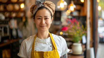 Wall Mural - Smiling woman chef with a headscarf stands in a warm, well-lit café