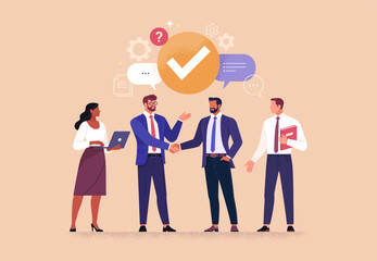 Fototapete - Business Meeting Concept. Vector cartoon full-length illustration in a flat style of business people with two men in suits in the center shaking hands. Isolated on background.