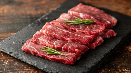 Fresh raw beef steaks with rosemary sprigs arranged neatly on a dark slate cutting board with a wooden background