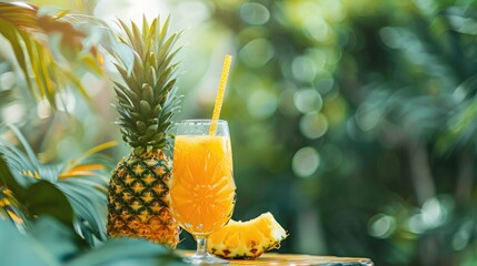 Wall Mural - cool pineapple cocktail on the table. Selective focus