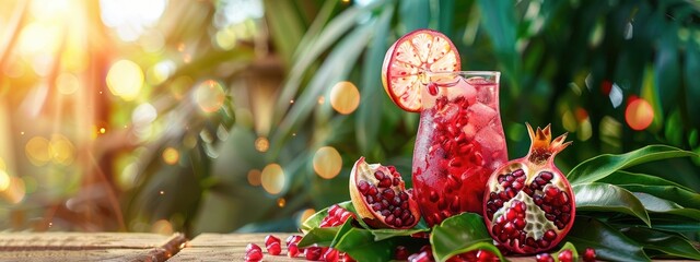 Wall Mural - cool pomegranate cocktail on the table. Selective focus