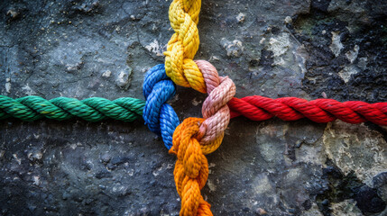 Wall Mural - Brightly colored ropes intricately tied together, placed against a rugged rock surface, symbolizing unity and strength.
