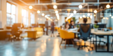 Blurred view of a modern open office space with people collaborating in the background. Bright, spacious, and filled with natural light and greenery.