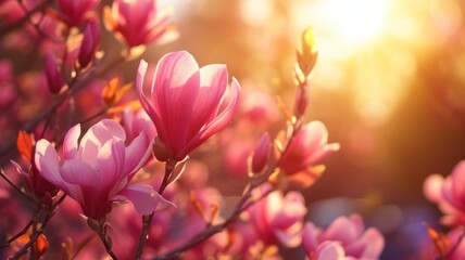 Wall Mural - Close Up of Magnolia Flower with Orange Flare on Blurred Background. Perfect Spring Concept Background