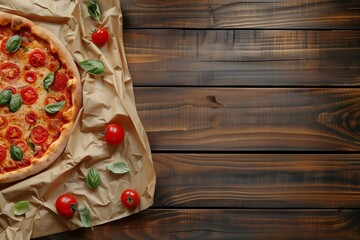 Wall Mural - Delicious pizza and textile napkin on a wooden background with place for text, top view. AI generative