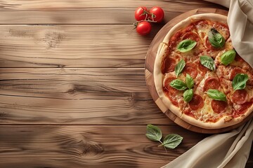 Wall Mural - Delicious pizza and textile napkin on a wooden background with place for text, top view. AI generative