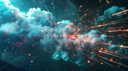 Fototapete - A digital art image representing cloud computing with data processing and AI operations taking place in the cloud. Generative AI