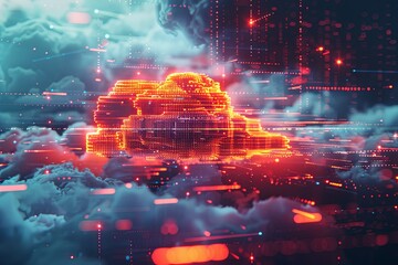 Fototapete - An abstract visualization of cloud computing featuring a digital cloud icon surrounded by glowing data streams and AI processing elements. Generative AI
