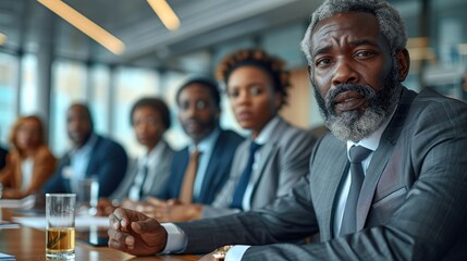 Aufkleber - A group of African American businesspeople, including men and women of various ages, ethnicities, and backgrounds, gathered around a large, modern corporate conference table in office. Generative AI.