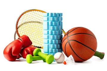 Wall Mural - Assorted sports equipment isolated on white background