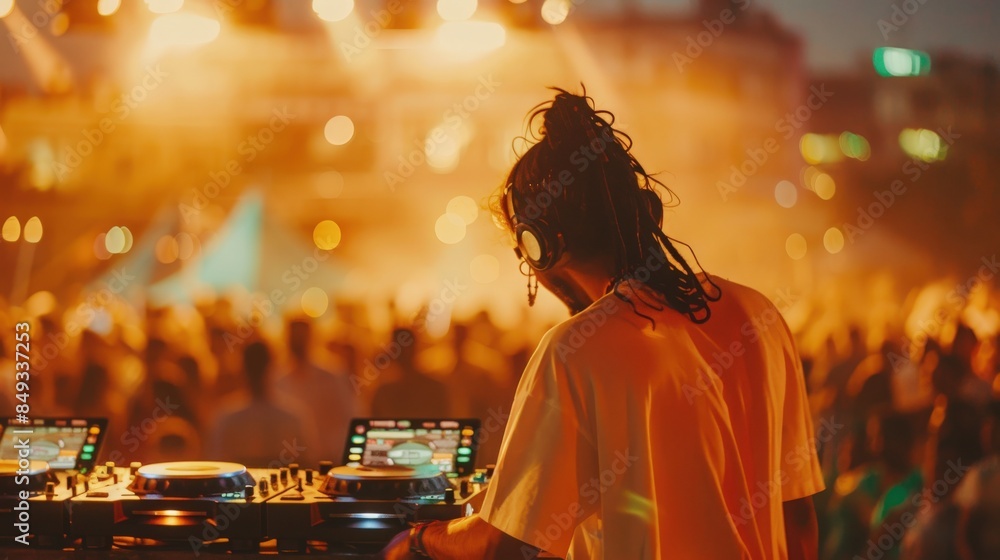 A DJ is playing live to a crowd having fun at an electronic ethnic ...