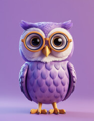 A 3D cartoon owl with big round eyes and glasses on a lavender background.