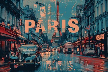 An artistic collage reminiscent of a cinematic film captures the allure of Paris with iconic landmarks and romantic scenes from the city of love