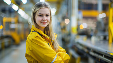 Aufkleber - Young woman smiling in a factory, dressed in a bright yellow safety jacket