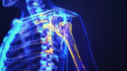 A blue-tinted X-ray and an MRI scan reveal the intricate details of a human shoulder joint, highlighting the ball and socket structure, bones, and ligaments in yellow.