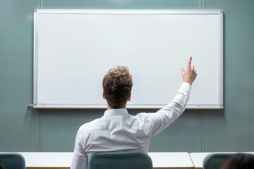 Wall Mural - businessman giving presentation on whiteboard raising hand for questions during workshop or sales project analysis