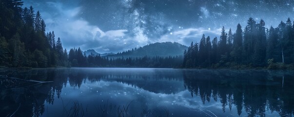 Wall Mural - Tranquil forest lake at night with the Milky Way reflected in the water, 4K hyperrealistic photo