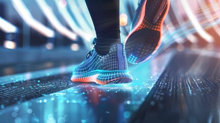 Abstract hologram, shoes and sports for fitness, run and speed for health tracking outdoor, Generative AI illustrations.