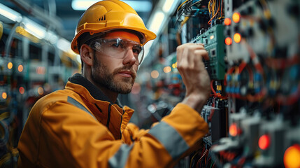Fototapete - Electrical maintenance service, engineer checking voltage at circuit breaker terminals and cable wiring on main power distribution board with AC voltmeter. Generative AI.