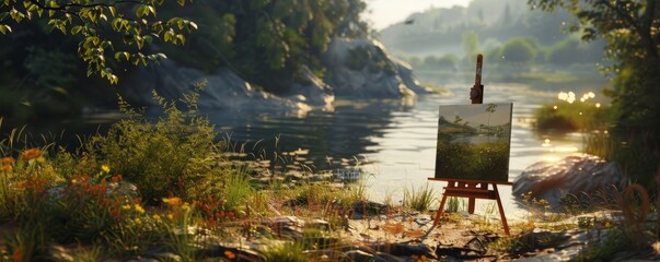 Poster - Outdoor painting session with a scenic view, artistic inspiration and creativity, 4K hyperrealistic photo.