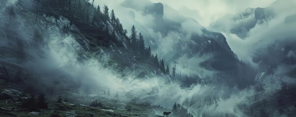 Sticker - Dramatic mountain valley shrouded in mist and fog with a lone wolf howling, 4K hyperrealistic photo
