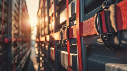 Secure cargo load with red straps on a truck during sunset