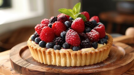 Sticker - Berries Filled Cupcake Pie Displayed on a Wooden Platter