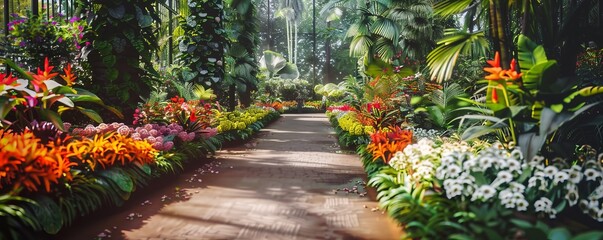 Canvas Print - Summer botanical garden tour with a guide, visitors and floral displays, 4K hyperrealistic photo.