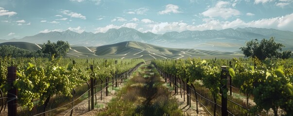 Wall Mural - Scenic vineyard tour with rows of grapevines and distant mountains, 4K hyperrealistic photo.