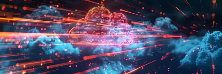 Fototapete - An abstract digital visualization of cloud computing, featuring a glowing cloud icon with data processing and artificial intelligence elements. Generative AI