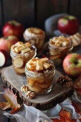 Wall Mural - Rustic Homemade Apple Pie Jars on Wooden Table. Mini Mason Jar Apple Pies