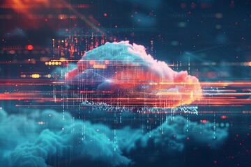 Fototapete - A digital abstract visualization of cloud computing, featuring data processing and AI operations represented by digital elements within the cloud. Generative AI