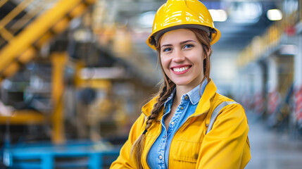 Aufkleber - Confident young woman in hard hat standing in a manufacturing facility