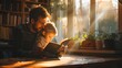© evgenia_lo - A Caucasian father and his young son reading a book together in a sunlit room filled with plants and books.