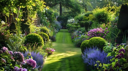 Canvas Print - beautiful english country garden with herbaceous borders and topiary plants