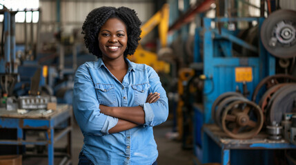 Aufkleber - Smiling woman with arms crossed stands in a factory, representing empowerment and professionalism