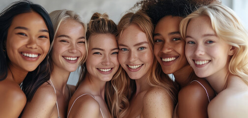 A diverse group of smiling women of different ages and ethnicities, showcasing natural beauty, with ample copy space on a clean white background. Generative AI.