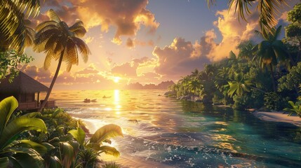Poster - Stunning nature in tropical surroundings near the ocean during sunrise or sunset for a relaxing getaway